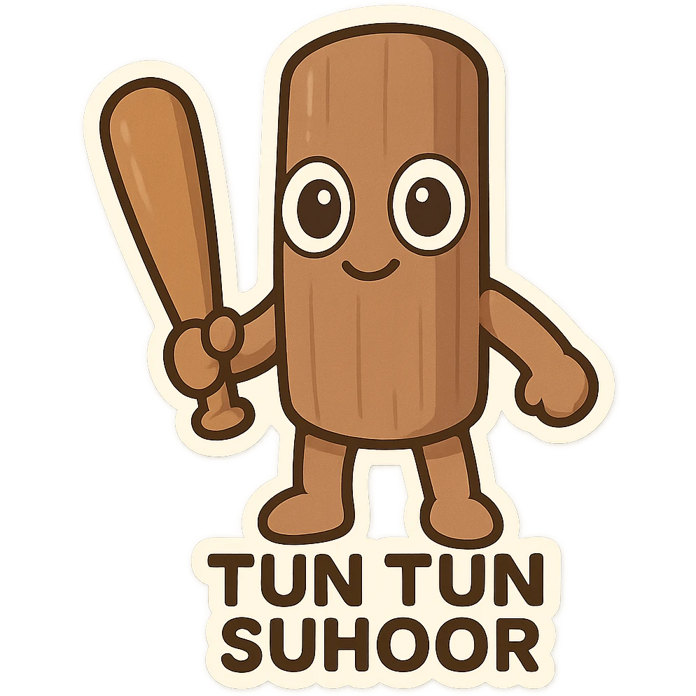 Tun Tun Suhoor, viral Italian brainrot meme character as a chibi emoji, full wooden stick body with smooth brown texture, large wide cartoon eyes directly on the wood, small smiling mouth, human-like arms and legs attached to the stick, holding a wooden bat, funny, uncanny, absurd meme vibe, no text emoji