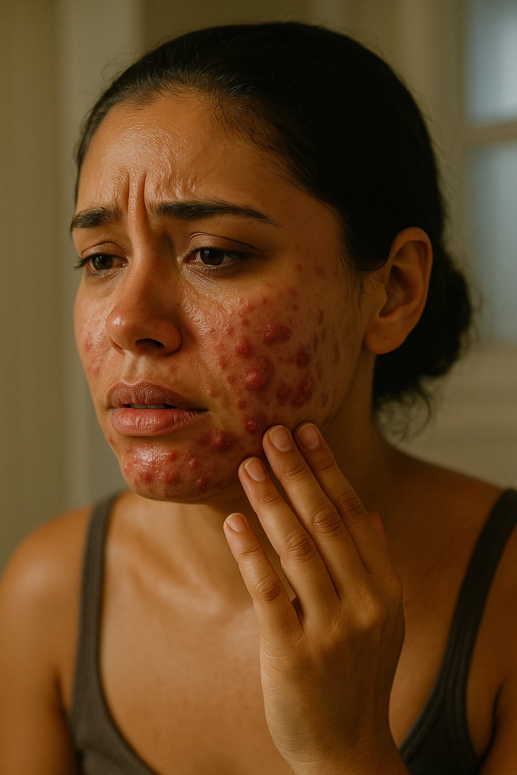 A highly realistic, cinematic portrait of a young woman in her late 20s with medium skin tone, showing visibly inflamed, deep cystic acne along her jawline, cheeks, and chin. Her skin appears red and irritated around the acne nodules, with noticeable swelling and tenderness, illustrating the painful nature of cystic acne linked to PCOS. Her facial expression shows discomfort and emotional distress, with slightly teary eyes as she gently touches an inflamed area on her jawline with her fingertips. Her hair is pulled back to clearly show the acne areas, and her skin has a slightly oily texture due to androgen-related sebum overproduction. The environment is a softly lit bathroom with neutral daylight, emphasizing the skin texture, redness, and deep acne. The style is realistic, 35mm cinematic photography with warm, neutral tones, soft shadows, and clear skin detail, providing a compassionate yet direct visualization of PCOS-related cystic acne emoji