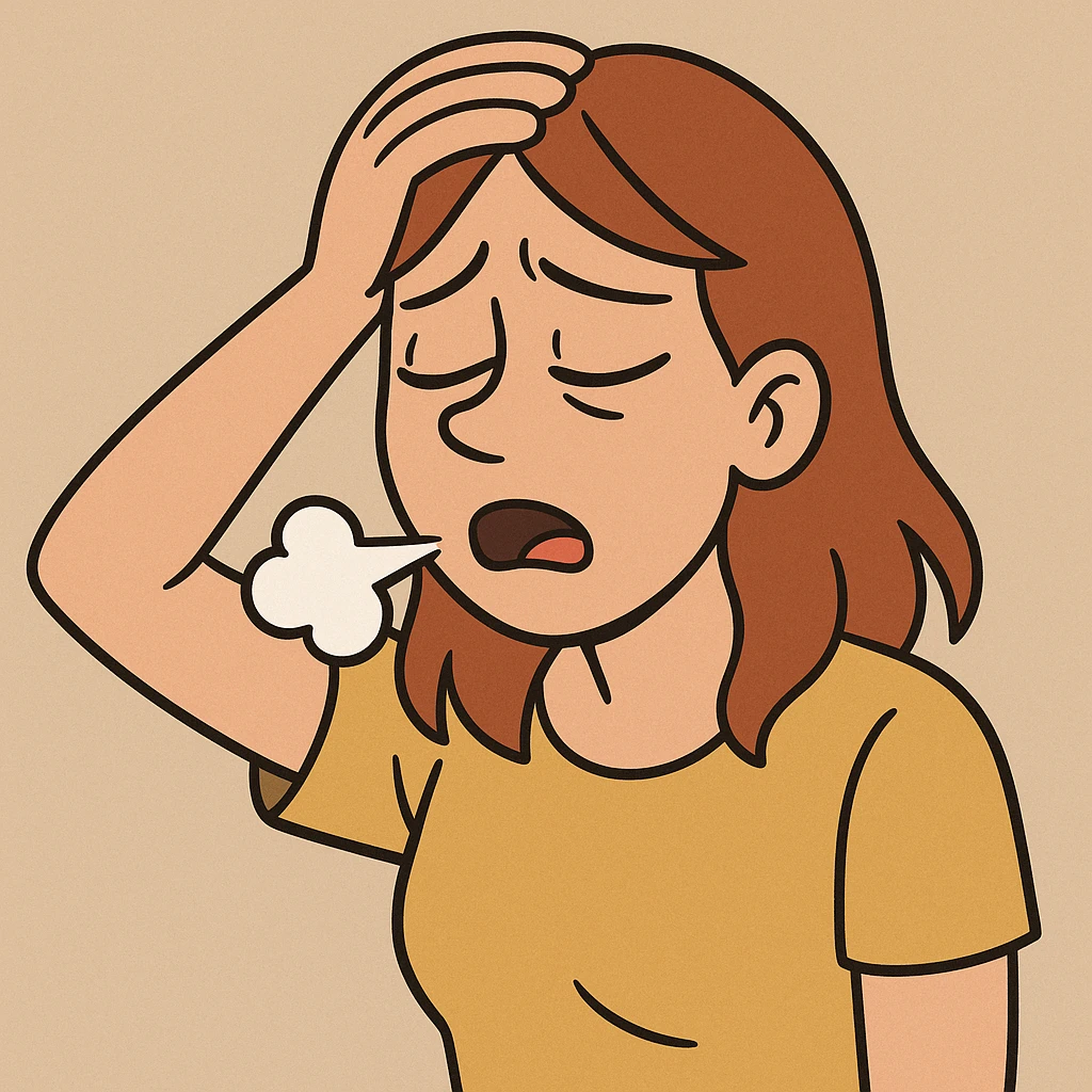 한숨 쉬는 여자, 만화 스타일, 머리를 손에 얹고 피곤한 표정, 입에서 하얀 숨결이 나오는 모습 emoji
