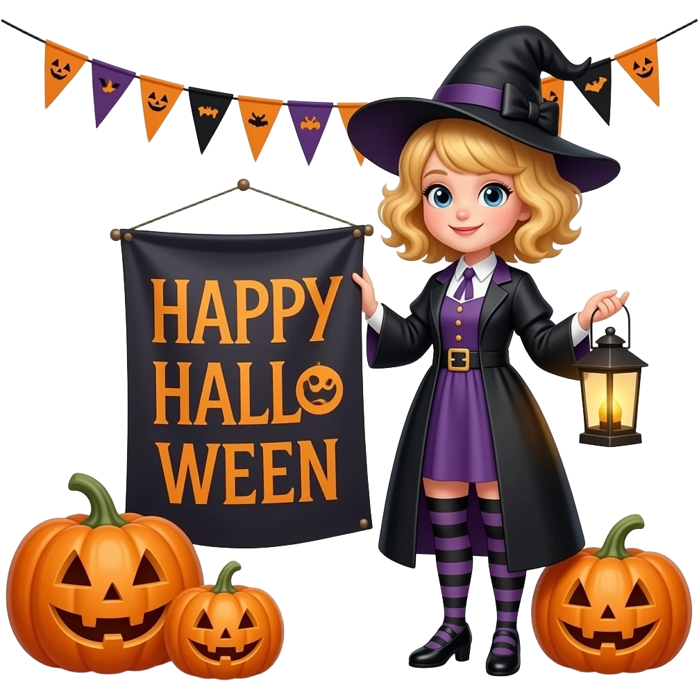 blonde tight curly hair in a short bob with Happy Halloween banner with a witch outfit with pumpkins and lanterns around emoji