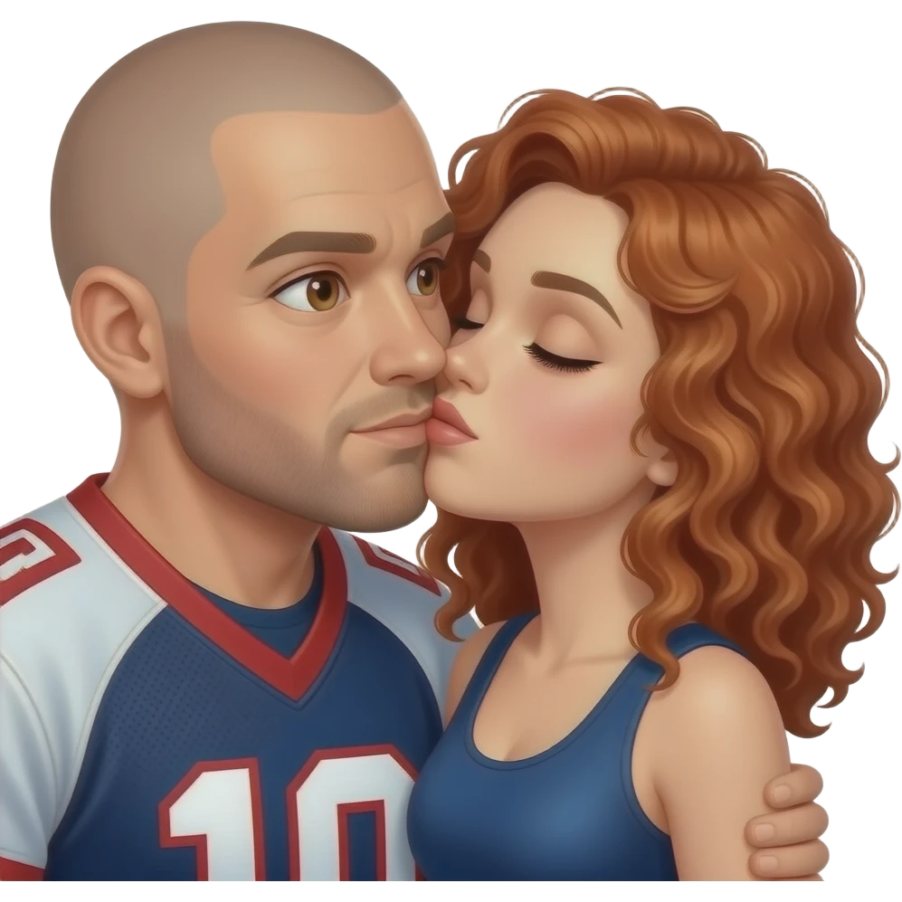 manwoth no hair brown eyes in jersey kissing a curley red hair women emoji