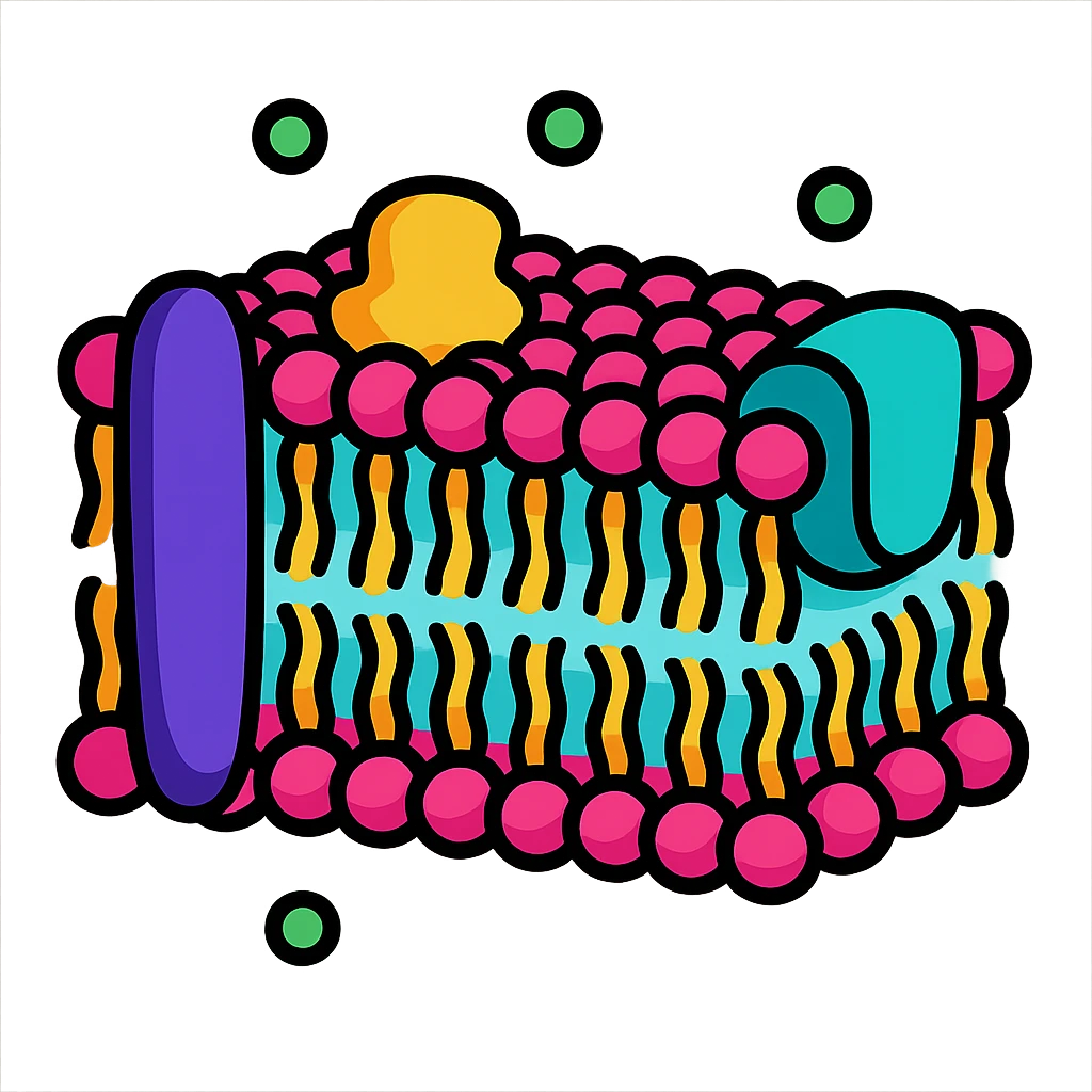 stylized biomembrane, double phospholipid layer with embedded proteins, vibrant cartoon style emoji