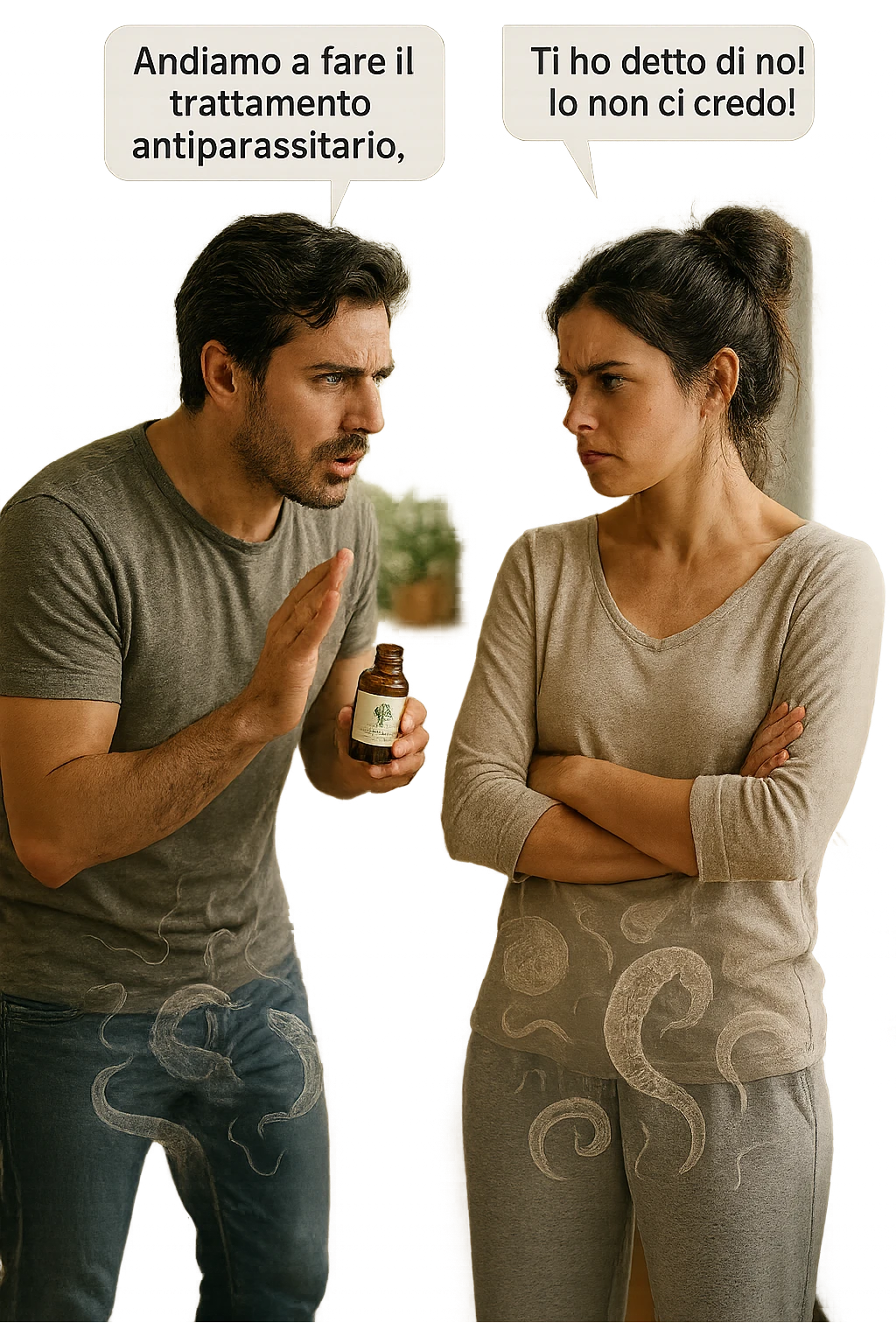 A highly realistic, cinematic photo of a young couple in their early 30s having an argument in a bright modern kitchen. The man, athletic build, wearing a casual T-shirt and jeans, is speaking firmly with a raised hand holding a small amber glass bottle labeled with a subtle herbal symbol, saying 'Andiamo a fare il trattamento antiparassitario' with a determined expression. The woman, with long dark hair tied in a messy bun, casual home outfit, crosses her arms with an angry, defensive expression, replying 'Ti ho detto di no! Io non ci credo!' while slightly turning away. Tension is visible in their body language, with the man leaning forward trying to explain and the woman leaning back, her eyebrows furrowed. Around them, subtle ghostly overlays of microscopic parasites are faintly visible near their abdominal areas, symbolizing the hidden reason for the argument. The kitchen is bright and modern with plants and natural light, contrasting the emotional tension. The style is hyperrealistic with warm tones and shallow depth of field focusing on their facial expressions, illustrating the conflict between belief in natural treatments and skepticism within the couple regarding hidden parasitic infections. in italiano emoji