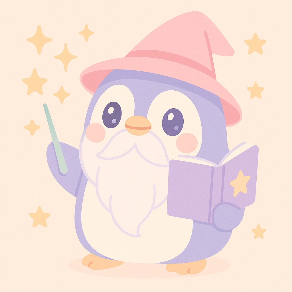 chubby penguin wizard casting a spell, with a long beard and a mystical book, charming and mystical emoji