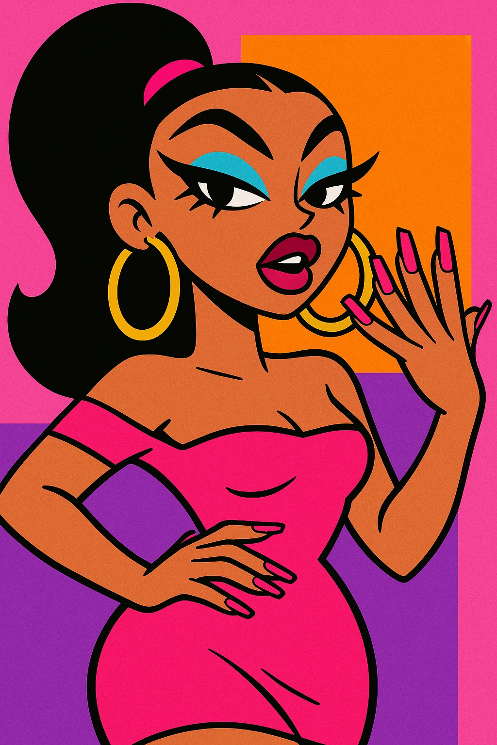 glamorous baddie character showing off manicured nails wearing hoop earrings dramatic eyeliner vibrant toon style emoji