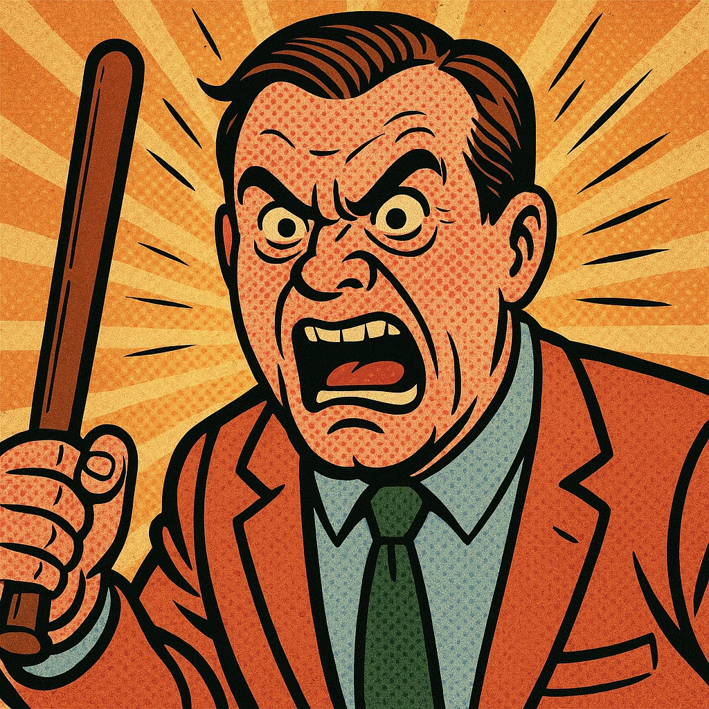 a furious dad with a baton, exaggerated angry expression, comic book style, bold lines, vibrant colors emoji