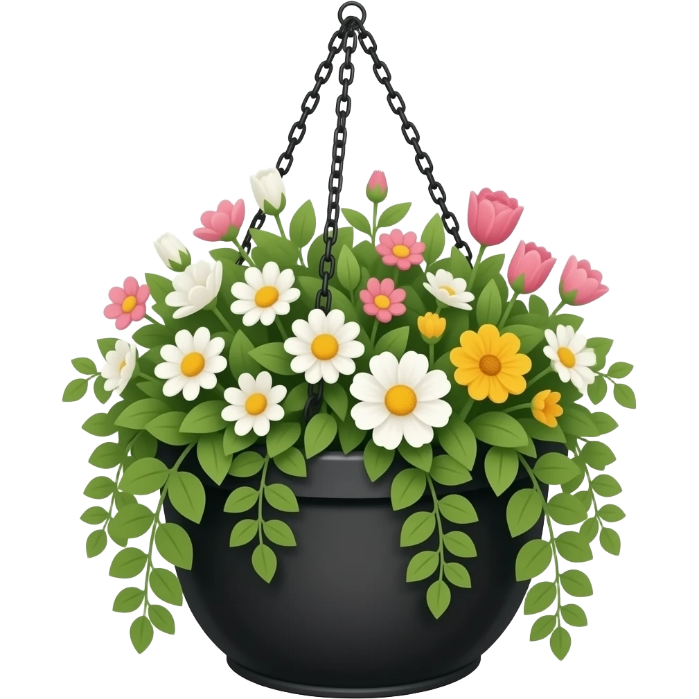 Black hanging pot illed with flowers emoji