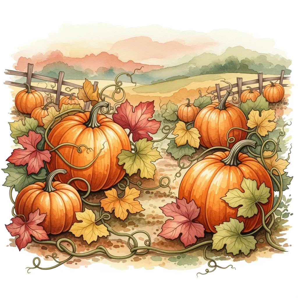 autumn pumpkin patch illustration, large pumpkins with leaves and vines, rustic style, orange and earthy tones, watercolor texture background emoji