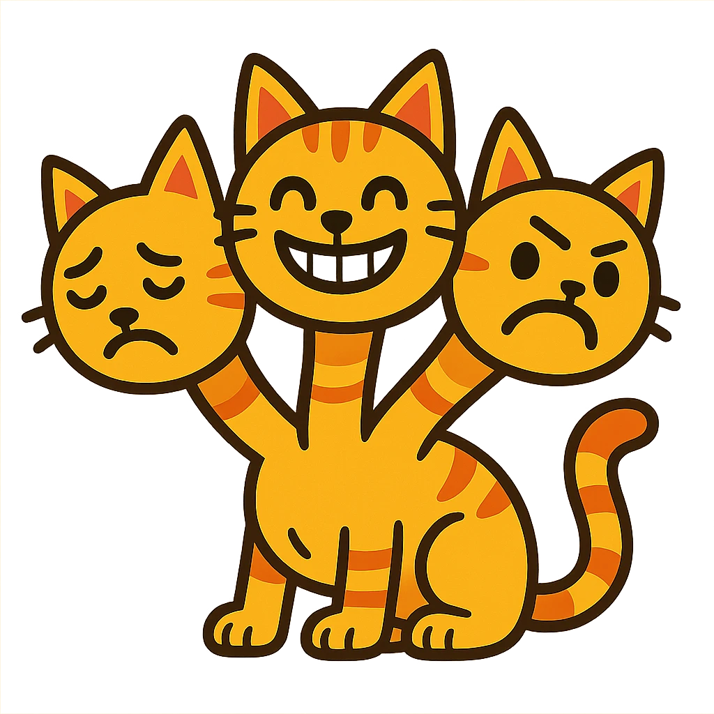 three-headed hydra cat, inspired by the grinning cat emoji, fantasy cartoon, each head showing a different mood, lively and expressive emoji