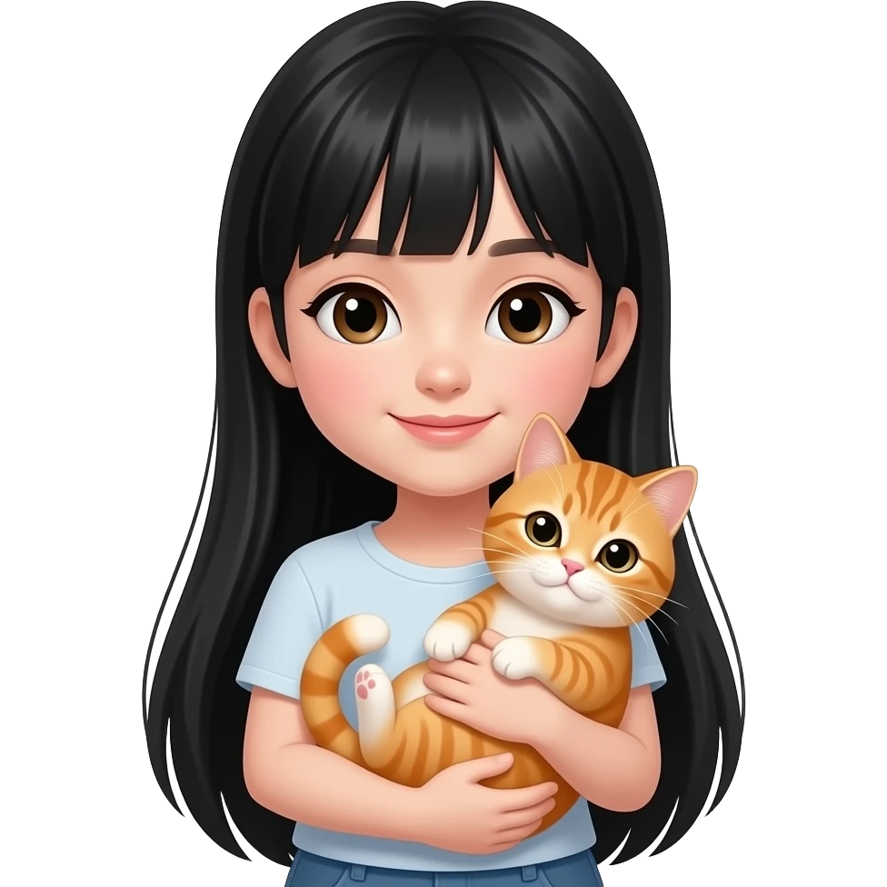 Une fille adolescente avec une peau clair avec des cheveux lisses très longs noir style clean girl qui tient et câline un chat orange emoji