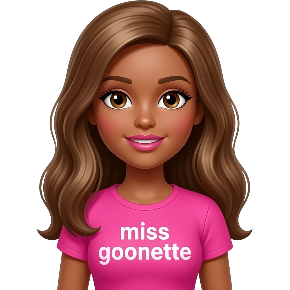 Bimbo Barbie, dark brown skin with honey brown hair, doll eyes, pink shirt says “miss goonette” with big breast, big pink lips emoji