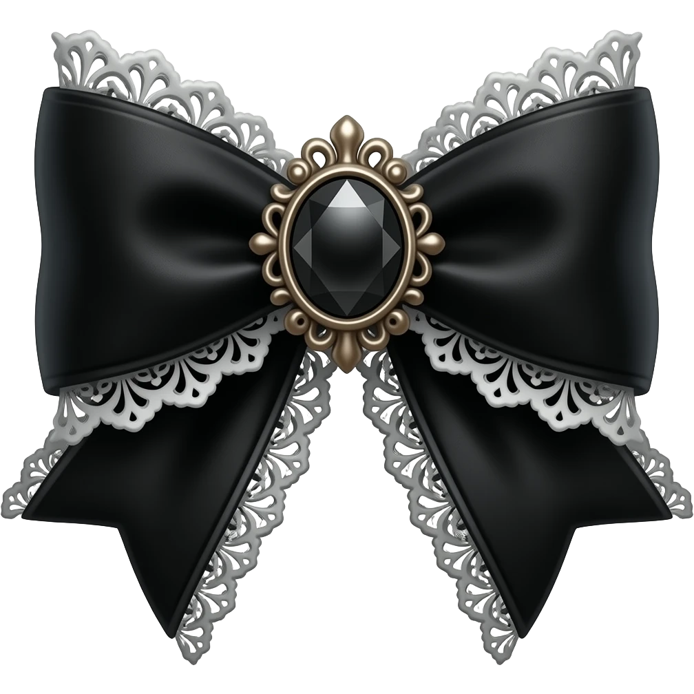 3D emoji gothic bow, black velvet, white filigree, black lace trim, black gem, elegant metal frame on the gem emoji