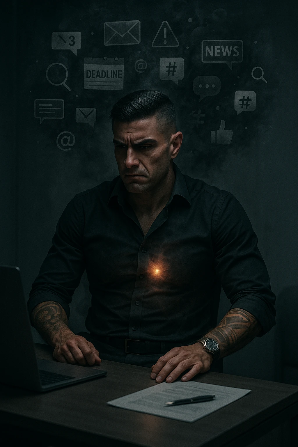A highly realistic, cinematic image of a young man in his early 30s, sitting at a modern office desk under harsh artificial lighting, shoulders hunched, jaw clenched, and breathing shallowly, symbolizing how modern society forces people to live in a state of chronic tension and restricted breathing. Around him, faint black and grey visual elements represent notifications, deadlines, social media icons, and news alerts, swirling around his head like a chaotic storm, symbolizing societal pressure. His chest appears visually tight and compressed, and faint dark smoke emanates from his body, representing blocked breath and internalized stress. In contrast, a faint glowing light near his chest and abdomen tries to expand, symbolizing the innate desire of the body to breathe freely and deeply. The environment is cold and minimalistic, with a sense of stillness and tension, captured in a hyperrealistic 35mm film style with muted colors, focusing on the man's tense posture and restricted breathing to reflect the unseen burden of modern living. emoji