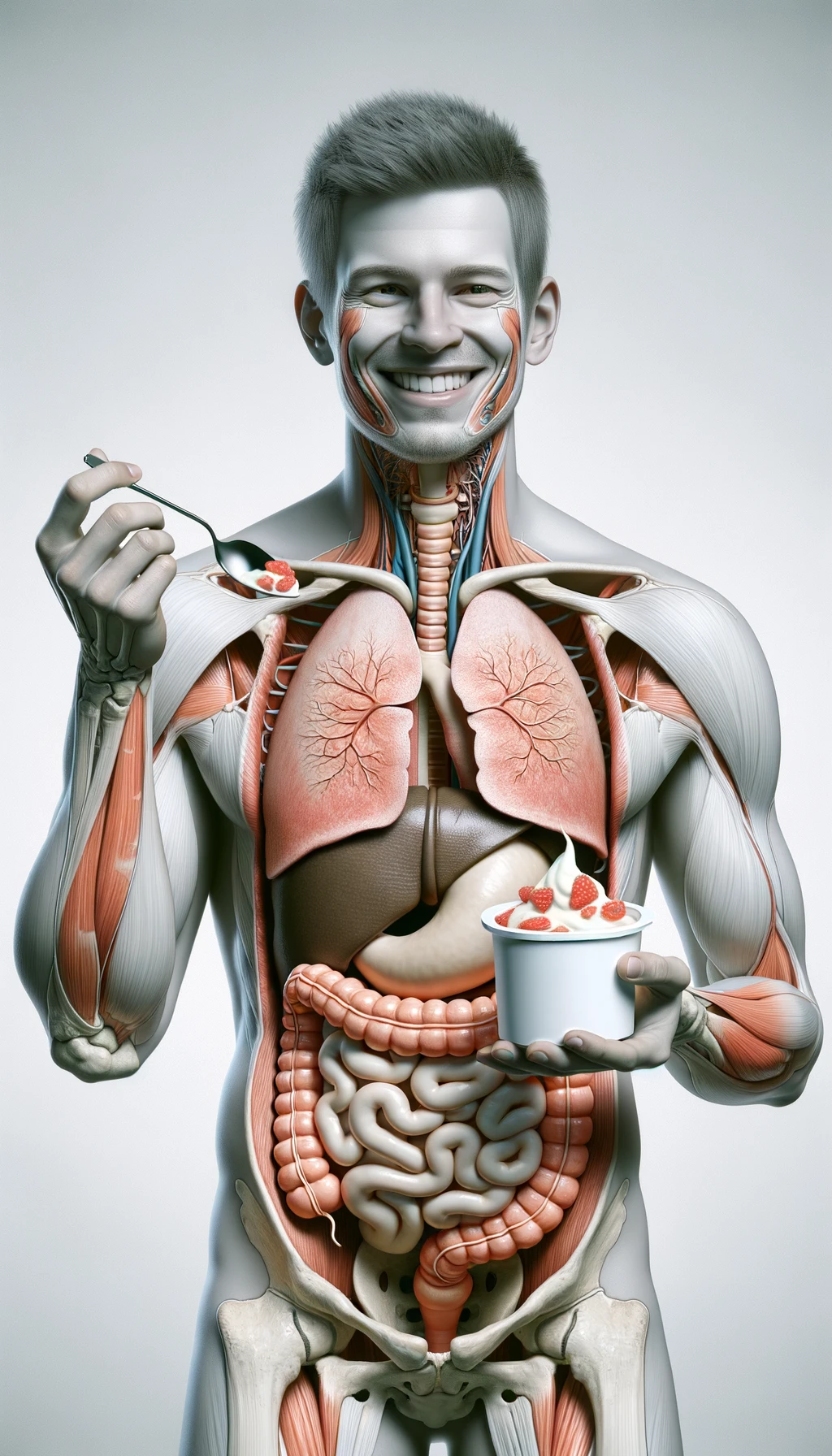 corpo umano anatomico con intestino in evidenza mentre mangia uno yogurt con espressione felice in volto, iperrealistico 4k, isolato su sfondo bianco emoji