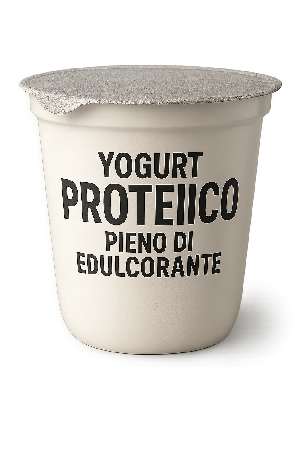 Yogurt proteicO CON LA SCRITTA "YOGURT PROTEICO PIENO DI EDULCORANTE" SULL'ETICHETTA,  iperrealistico 4k emoji