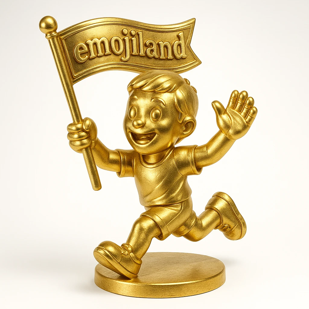 happy runner waving a flag that says 'emojiland' emoji