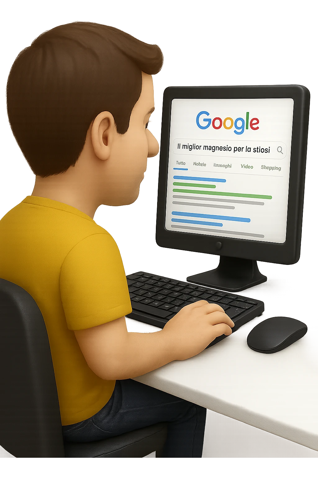emoji stile iphone di un uomo davanti al pc che cerca di google: "Il miglior magnesio per la stipsi", iperrealistico 4k emoji