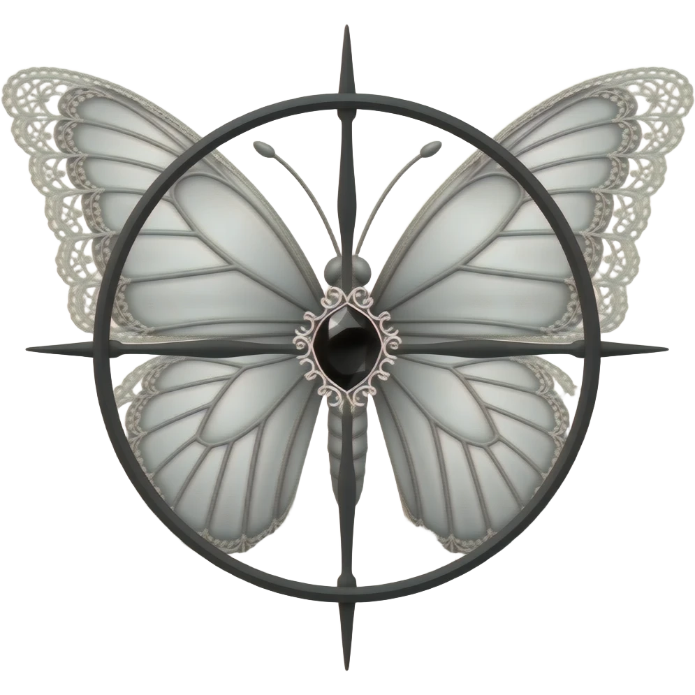 butterfly, 3D emoji gothic butterfly, white velvet, white filigree, white lace trim, black gem, elegant sniper crosshair overlay emoji