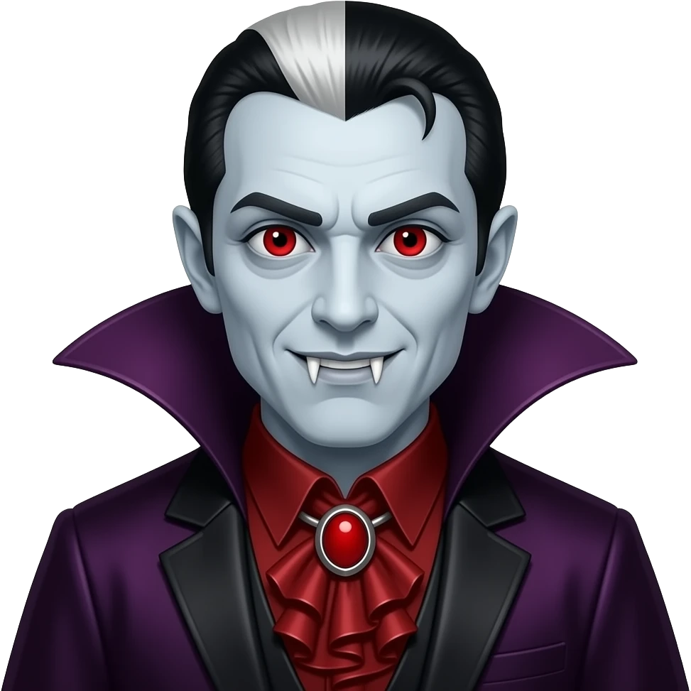 Count Dracula with pale-grey skin, red eyes, black and white hair, dark red metallic ruffle shirt, red necklace, dark violet metallic cape emoji