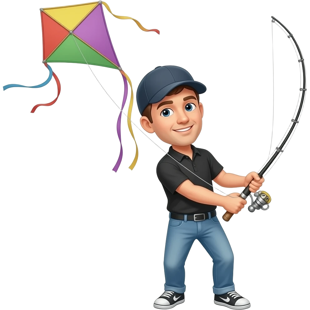 a guy with a black shirt and baseball cap flying a kite with a fishing rod emoji