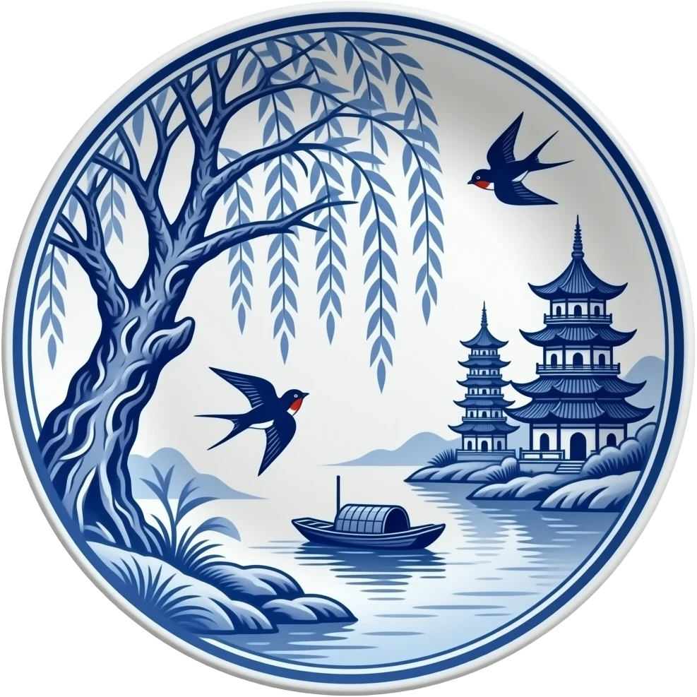 chinoiserie blue willow china pattern plate with a boat, pagodas and two swallows emoji