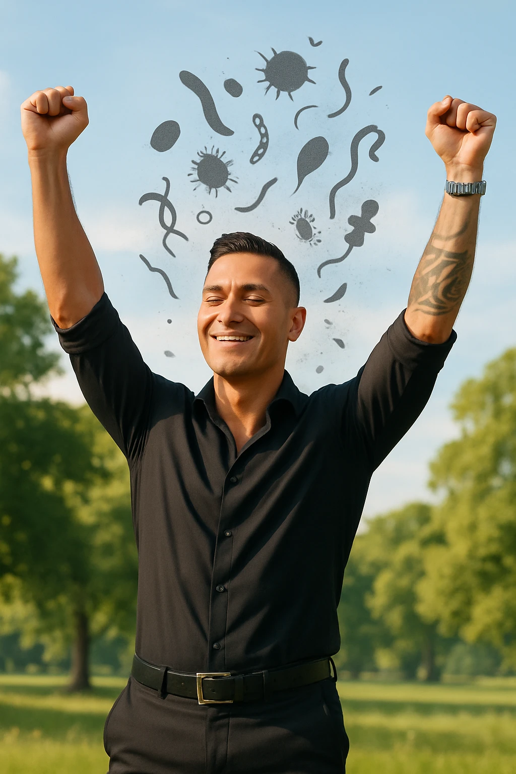 a man stands in uno studio clinico, arms raised in relief and joy, while faint, shadowy silhouettes of parasites fall away from his body and dissolve into the air. His posture is upright and energetic, his expression serene and healthy. The background features green trees and a clear sky, emphasizing liberation and restored well-being. emoji