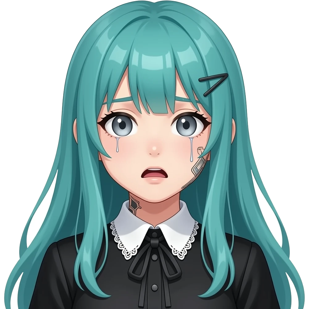anime girl, scared face, face tattoos, long flowing teal hair, grey eyes, black shoulder cyberpunk blouse with fancy white collar emoji