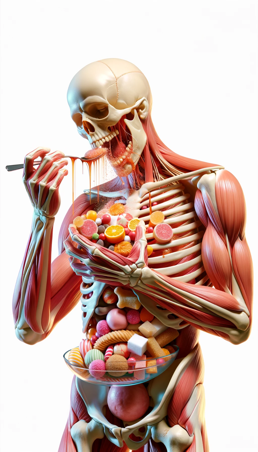 corpo umano anatomico in piedi a figura intera che si abbuffa di dolci e zuccheri, iperrealistico 4k, isolato su sfondo bianco emoji