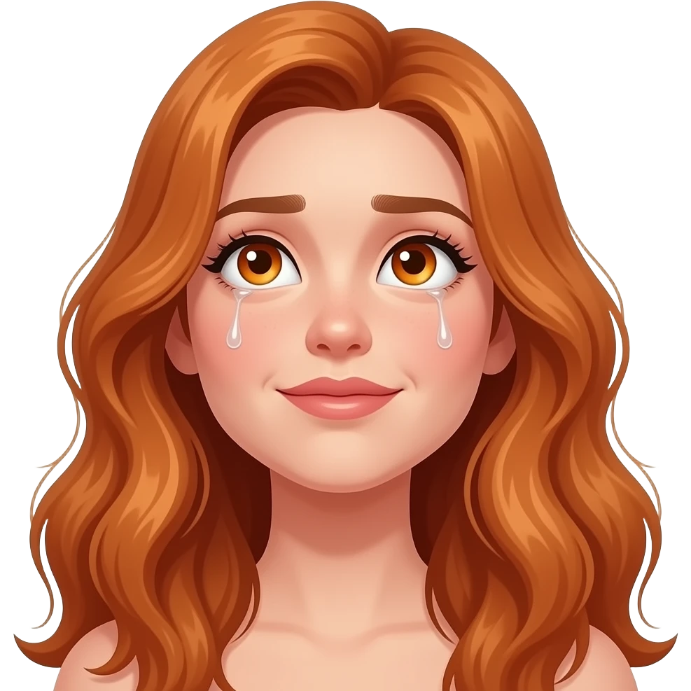 sexy girl with long wavy ginger hair and ginger eyes is looking up to the ceiling with tears in her eyes emoji