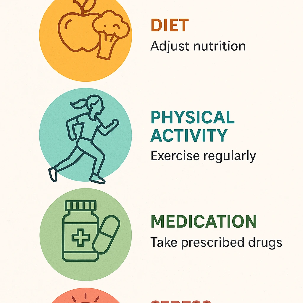 vertical infographic: steps to achieve hormonal balance in PCOS (diet, physical activity, medication, stress management), coordinated icons and colors, modern style, light background emoji