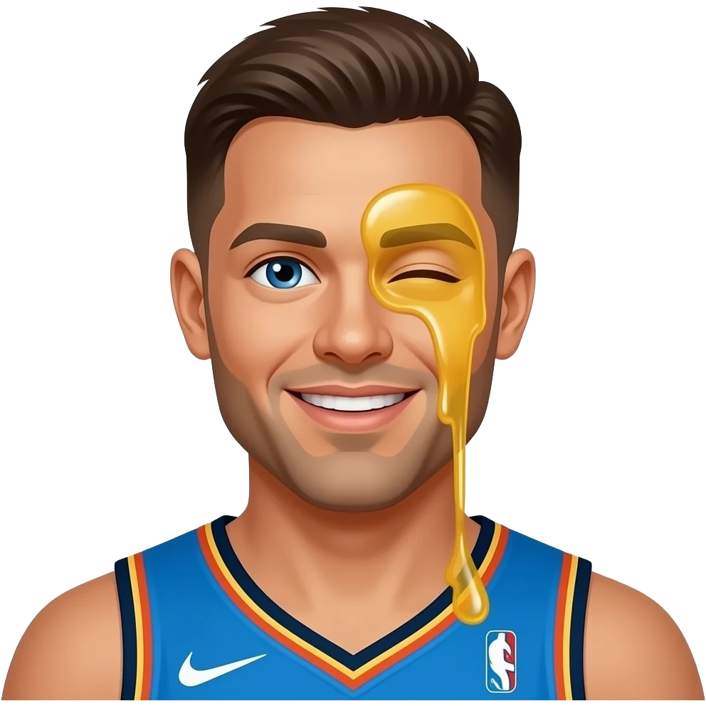 Make chet holmgren, the nba player on the okc thunder, winking with honey being poured on his face emoji