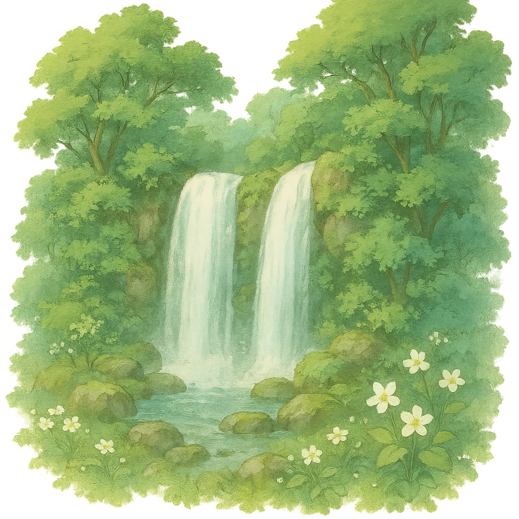 double waterfall in forest, some white flowers, natural colors, soft, fairy-like atmosphere, no background, square size emoji