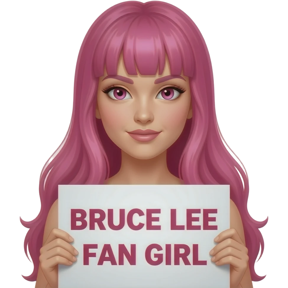 sexy girl with long pink hair and pink eyes holding BRUCE LEE FAN GIRL sign emoji