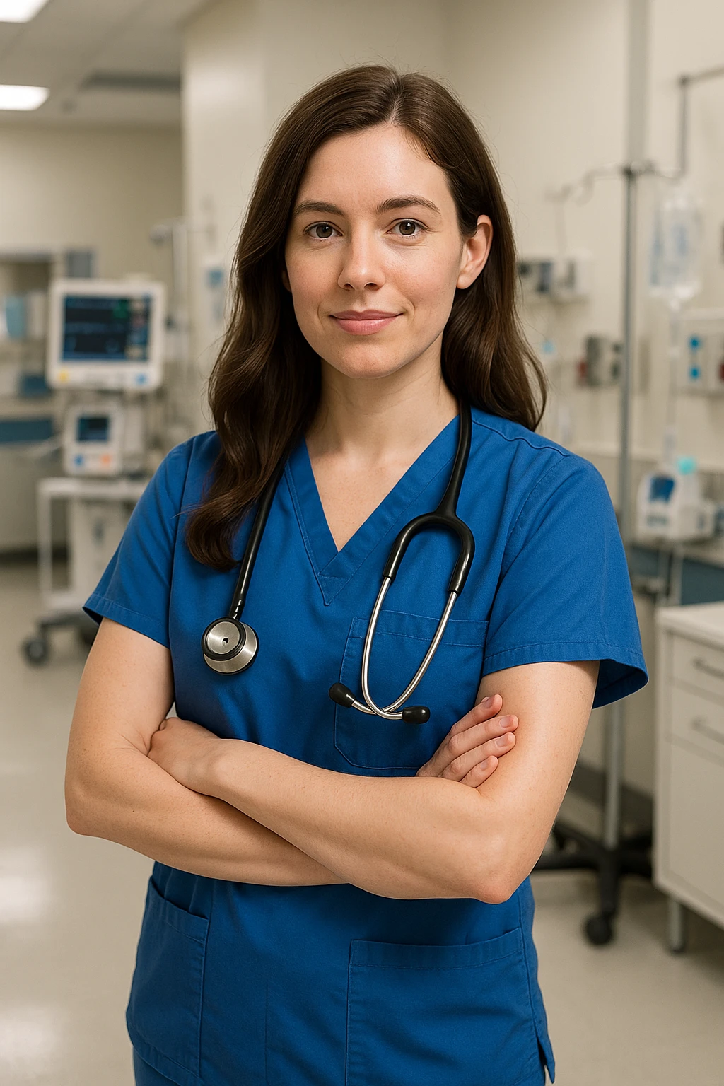 Rebecca as a female doctor, with brown hair, wearing scrubs and a stethoscope, hospital environment emoji