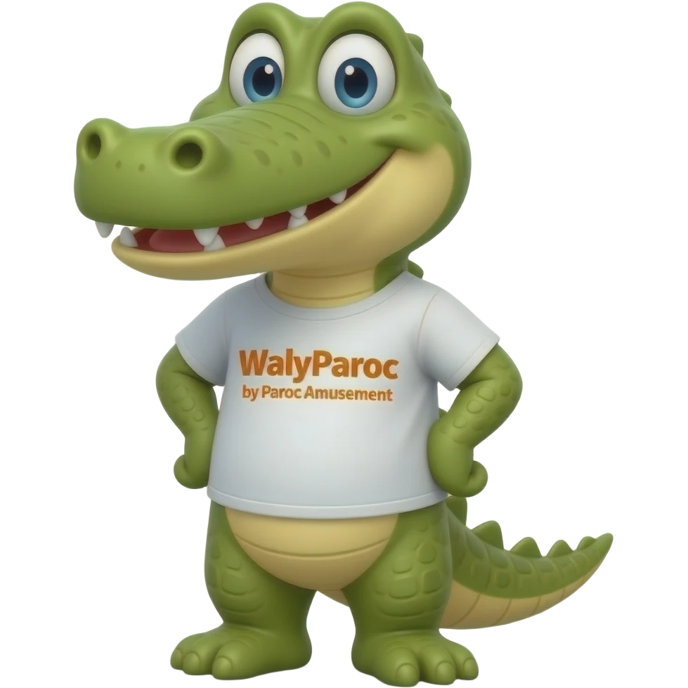 Un mascotte crocodile jaune pour le parc walyparoc avec un t-shirt marquer walyparoc by paroc amusement  ! Et style humains emoji