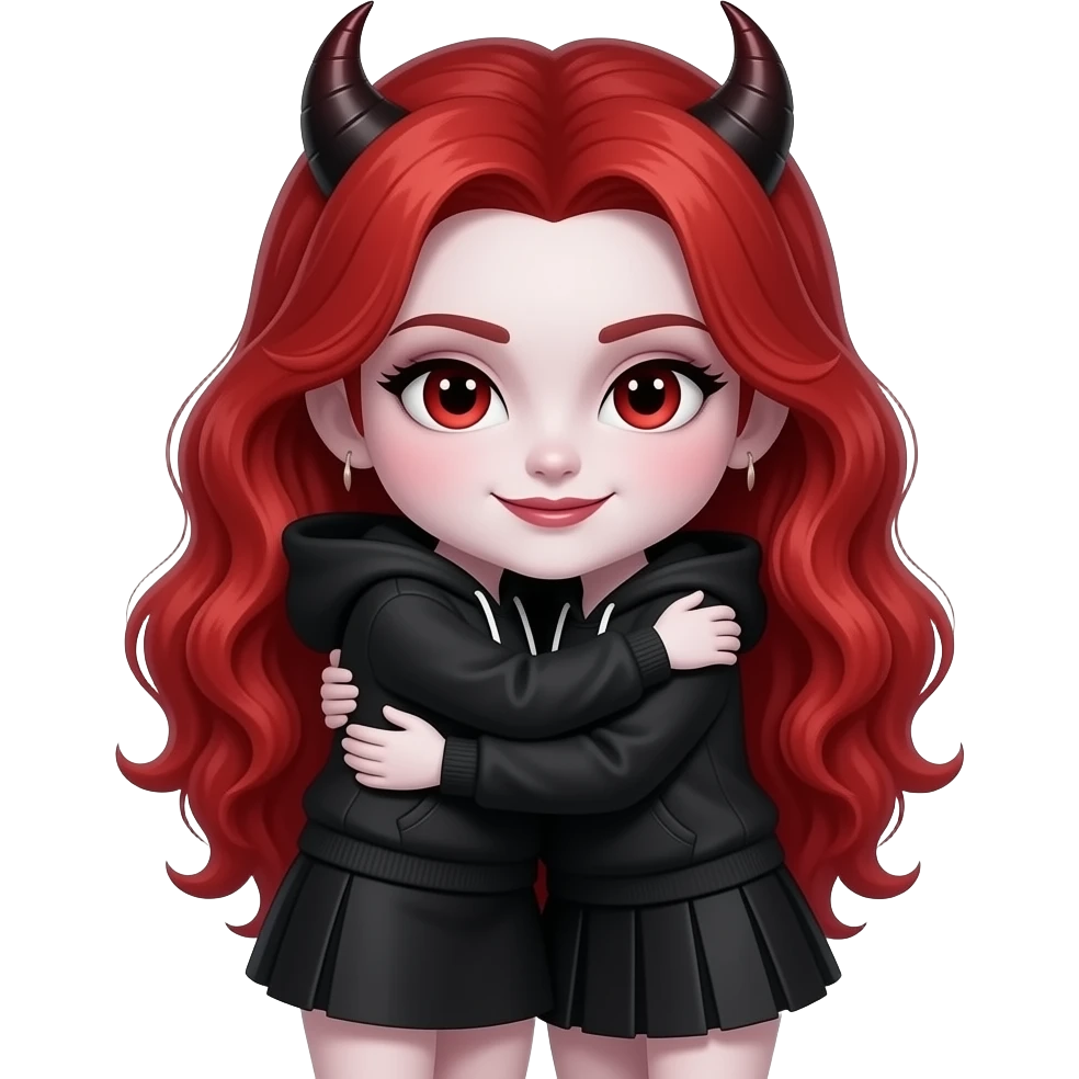 Vampiro femmina 12ennecon capelli lunghi rosso fuoco ondulati con pelle bianca che indossa una gonna corta nera e una felpa che abbraccia la madre VAMPIRO emoji