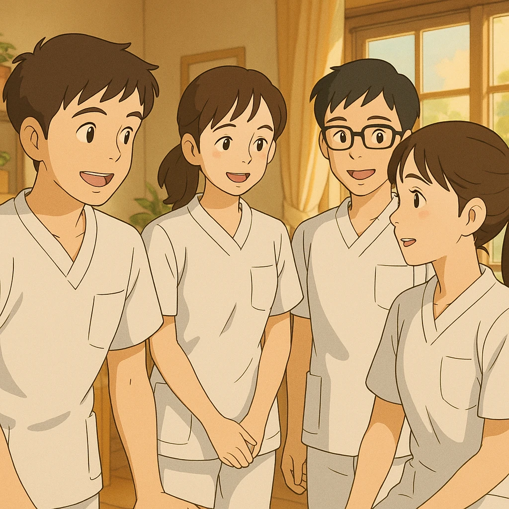 Quatre étudiants infirmiers, style Ghibli, en interaction dans un environnement intérieur. Uniformes blancs à manches courtes, tuniques col en V, poche poitrine à gauche, avant-bras nus, pas de pied de col ni stéthoscopes, cheveux longs attachés pour celles qui en ont. Visages inspirés des quatre photos jointes. emoji