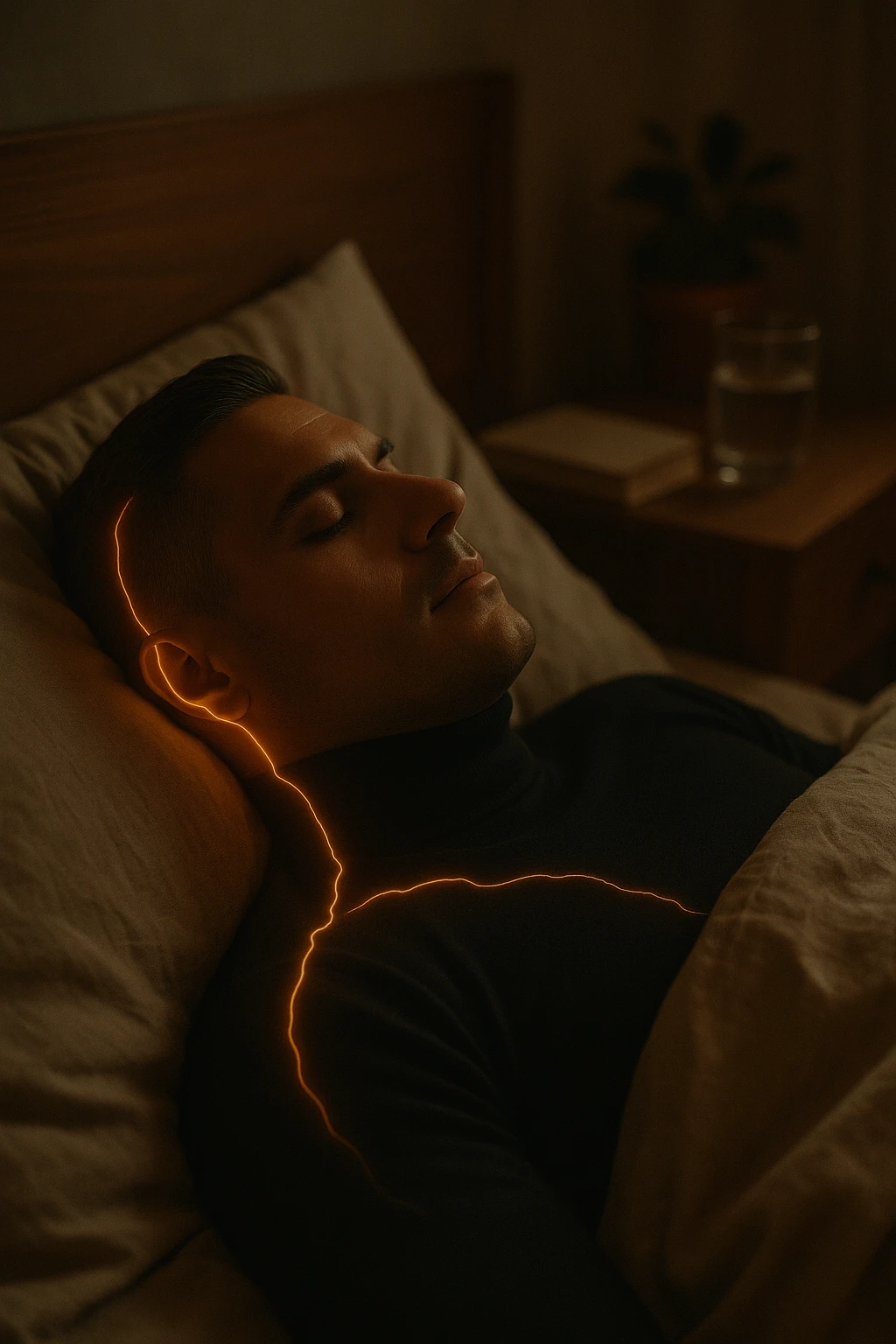 A cinematic close-up of a man in his early 30s sleeping peacefully on his back in a softly lit bedroom. His breathing is calm, chest rising slowly. The sheets are slightly crumpled, natural linen textures in warm beige tones. His face is relaxed, with faint light illuminating the side of his cheek and temple from a nearby window. Around his body, faint glowing lines follow the spine and head, symbolizing deep nervous system recovery and hormonal balance. On the nightstand: a glass of water, a book, and no electronics. The room is quiet and grounded, with natural elements like a small plant and a wooden headboard. Shot in 35mm cinematic style, with warm ambient tones, shallow depth of field, and a peaceful, healing atmosphere emoji