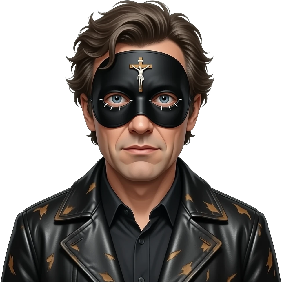 portrait of Joel-Peter Witkin, an American photographer known for his provocative and controversial works, he wears a small black mask with a crucifix over his eyes: a small crucifix is ​​sewn onto the black mask between the eyes of the portrait, he wears a worn leather coat and very disheveled hair emoji