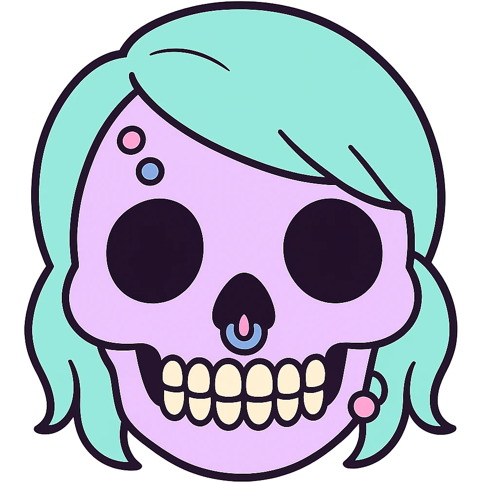 Add pastel-colored piercings to the pastel goth skull emoji, keep the style and pastel palette, with no background. emoji