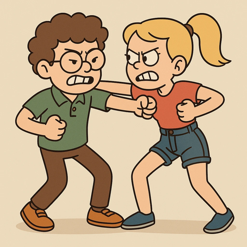 Fighting a boy brown Curly hair circle glasses green Pro polo brown jeans orange shoes and a girl Yellow ponytail hair red shirt high waisted dark blue denim shorts blue shoes emoji
