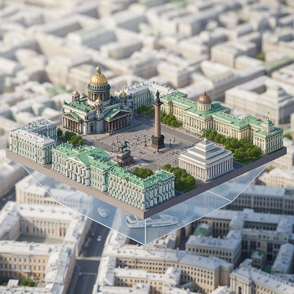 Изометрическая модель Санкт-Петербурга, в центре композиции Зимний дворец с Дворцовой площадью и Александрийский столп, фотореалистичный Исаакиевский собор, памятник Петру I, Адмиралтейство, здание Сената баланс между стилизацией и реализмом, эффект рисованной миниатюры Tift shift, прозрачный фон. emoji