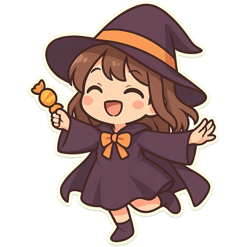 一个穿着万圣节巫师服装的小女孩，手里拿着一个糖果，开心的跳舞 emoji