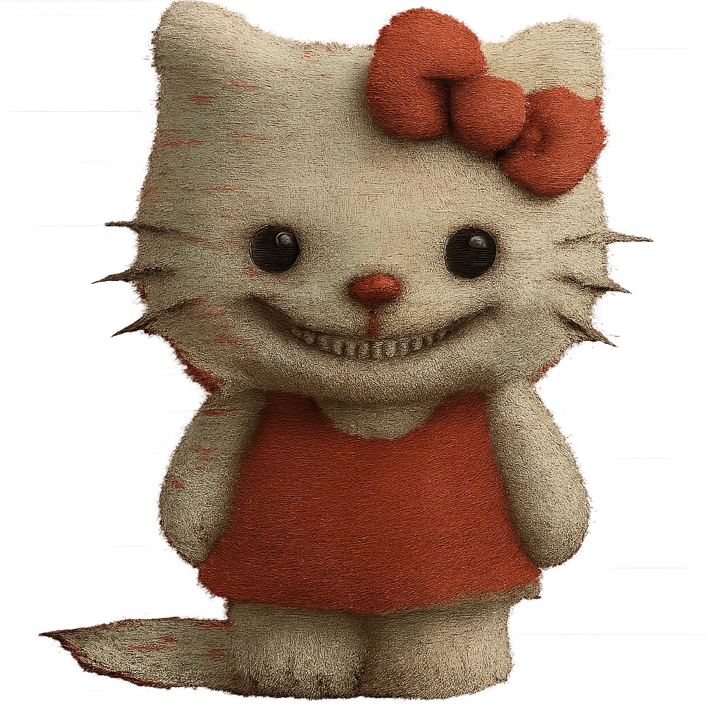 Add a digital glitch effect to the image while keeping the uncanny and unsettling vibe. Remove the background entirely for a clean isolated subject. emoji