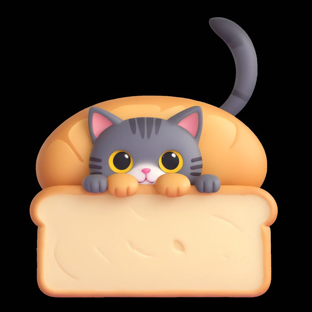 a cute cat peeking through a piece of bread, cartoon style emoji