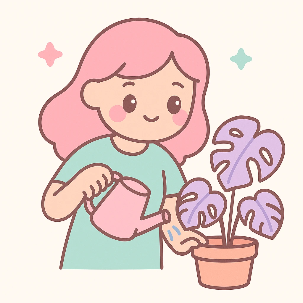 woman watering her monstera plant emoji