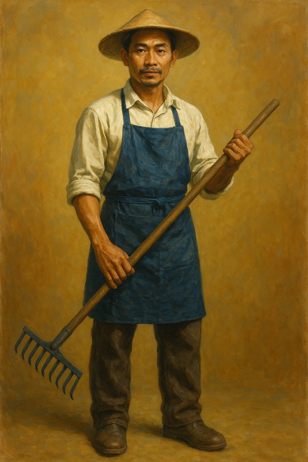 Сгенерируй мне в стиле реалистичной, яркой живописи фермера с граблями внешности индонезиата, азиата. На однородном фоне. в полный рост. Он одет опрятно и в фартуке emoji