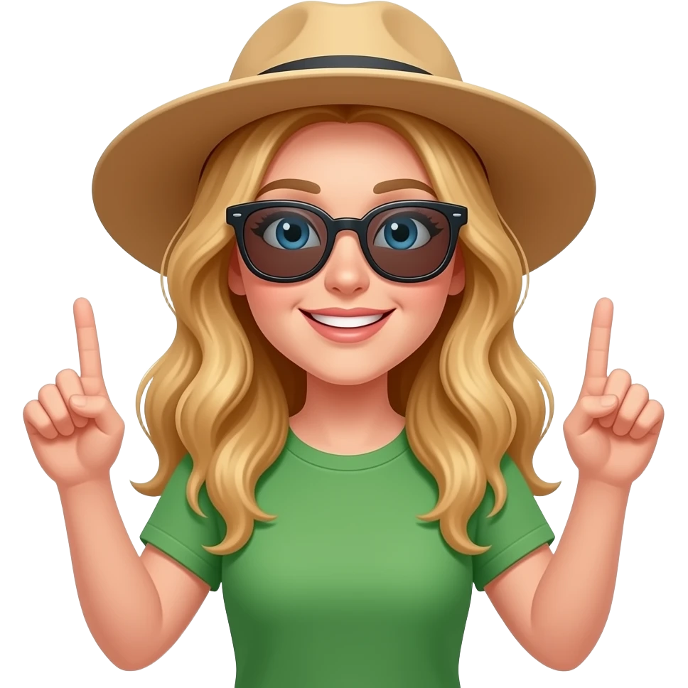 a teacher with long wavy blond hair and blue eyes wearing a green t-shirt, sunglasses and a summer hat on holidays two fingers up emoji