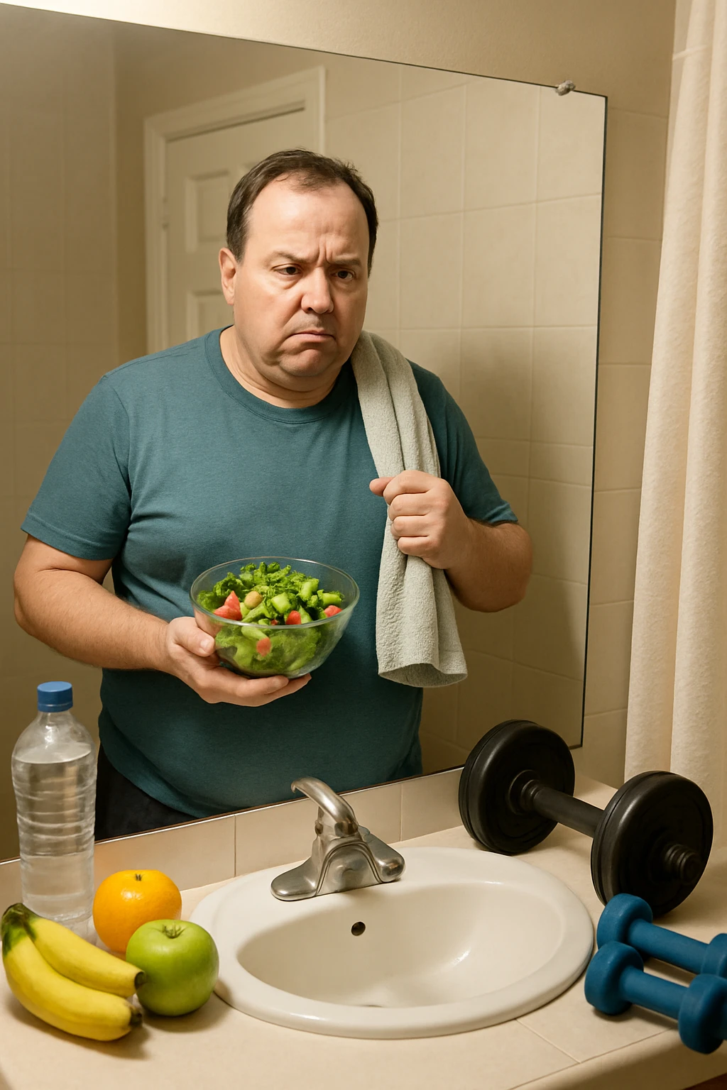 a middle-aged man stands in front of a bathroom mirror, looking at his reflection with a puzzled and slightly frustrated expression. He holds a salad bowl in one hand and a gym towel in the other, surrounded by healthy food and workout gear, yet his body remains overweight. The background is a typical home bathroom, softly lit, emphasizing confusion and self-reflection. emoji