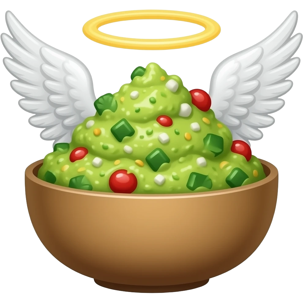 Guacomole bowl with toga and angel halo and wings emoji